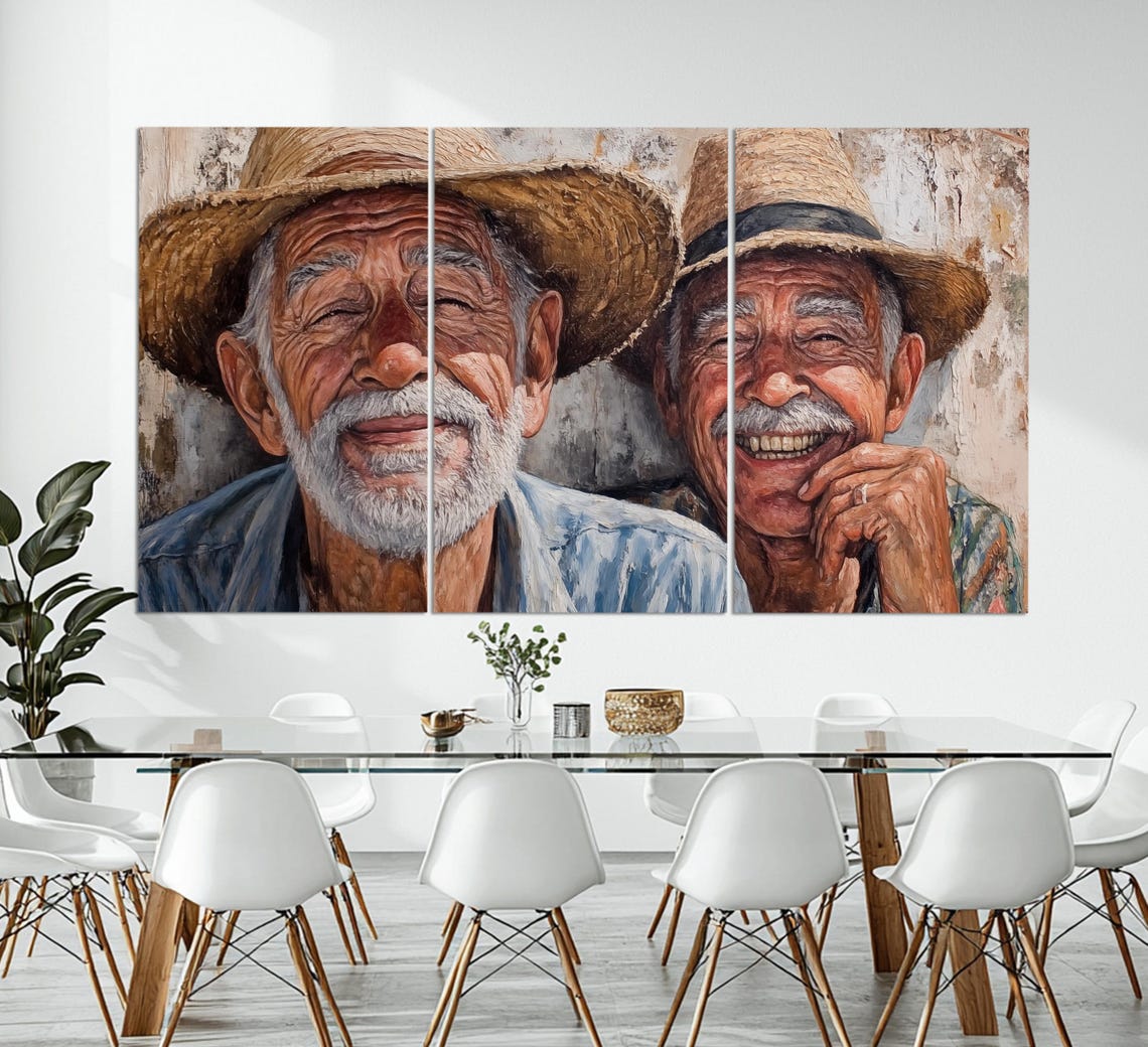 Two Smiling Old Men Straw Hats Portrait Friendship Warmth Art Poster - Image 3