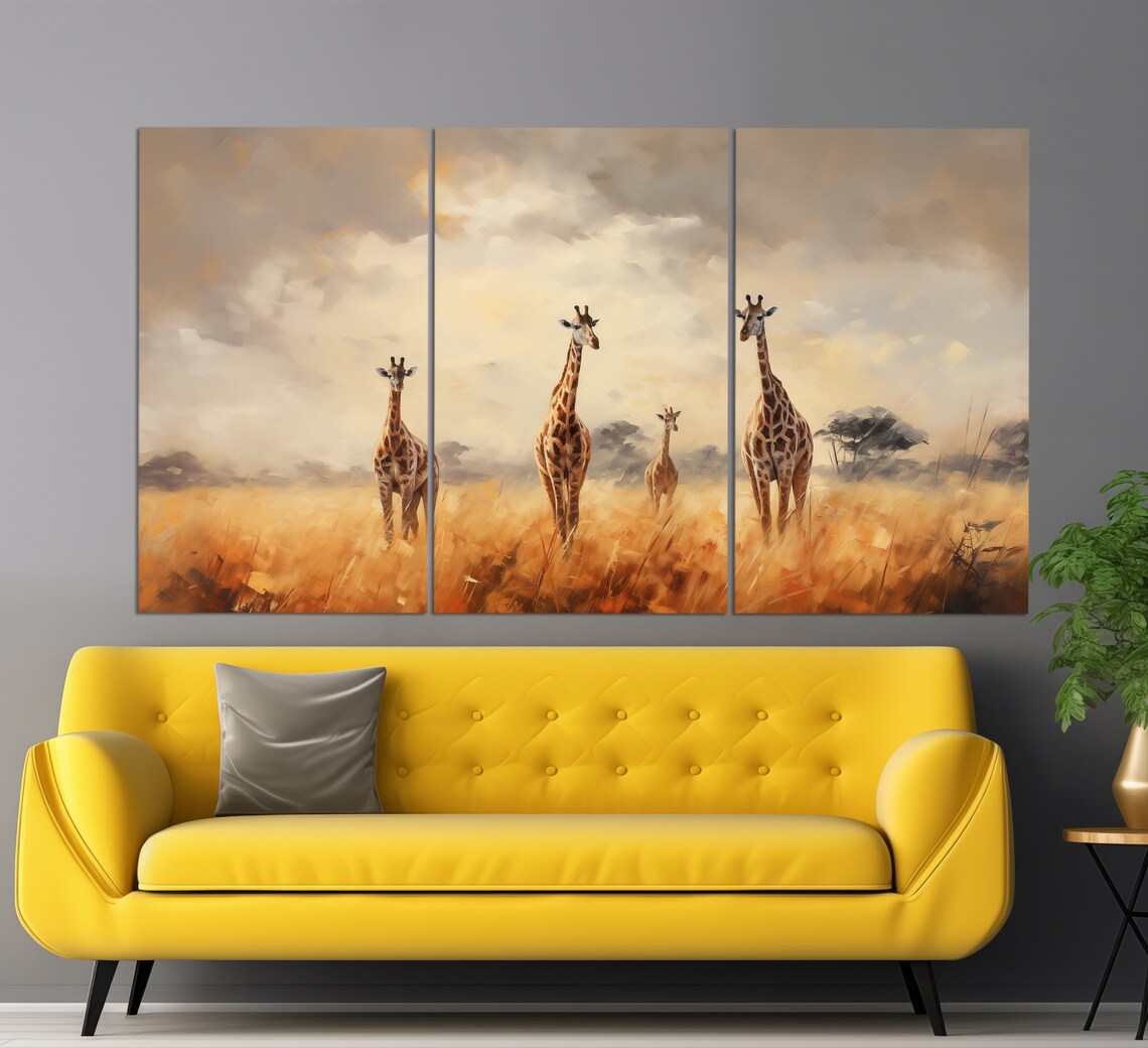 Giraffes Walking Through Golden African Savannah Vintage Oil Painting Wall Art Print - Image 3