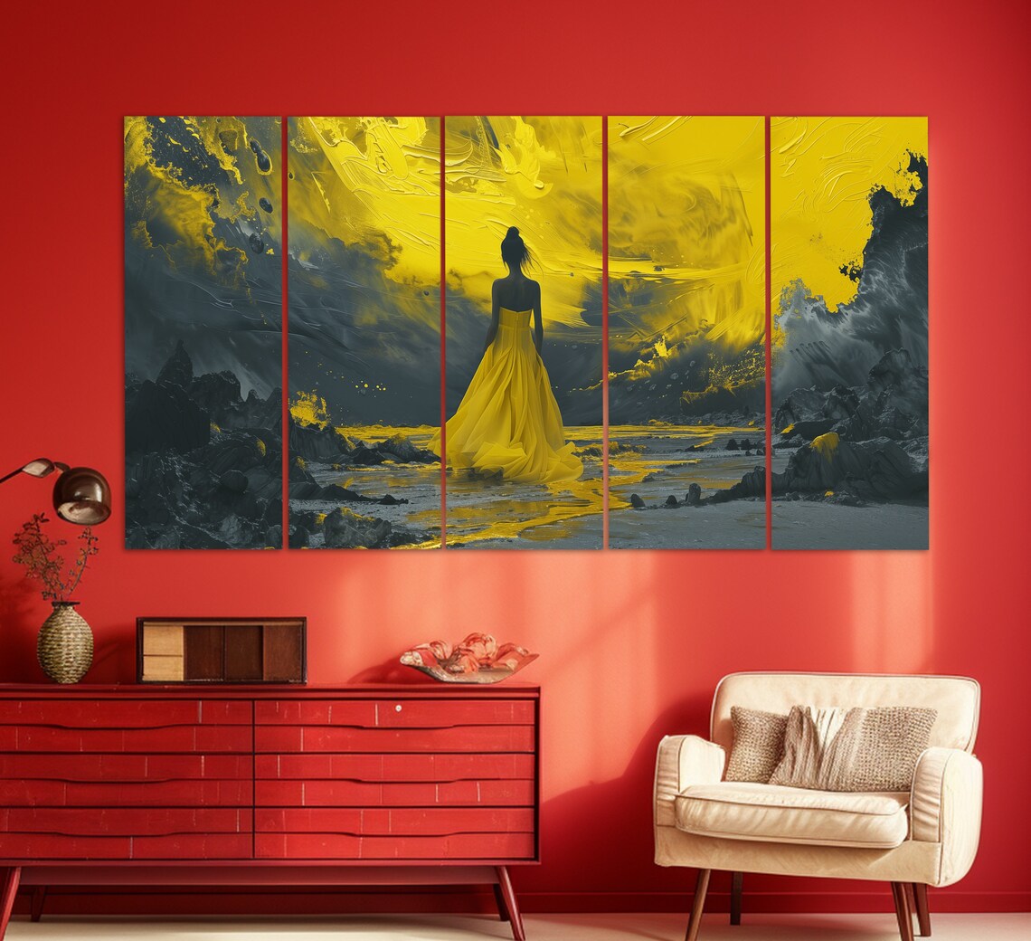 Woman Yellow Dress Golden Sunset Avenue Art Chic Parisian Travel Style Poster - Image 2
