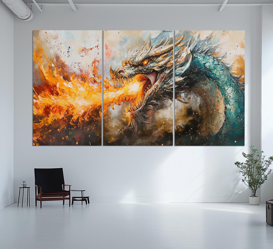 Fire Breathing Teal Dragon Head Fierce Orange Flames Fantasy Art Poster - Image 4