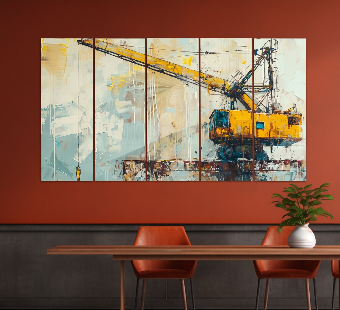 Yellow Construction Crane Abstract Oil Painting Industrial Print - Image 2