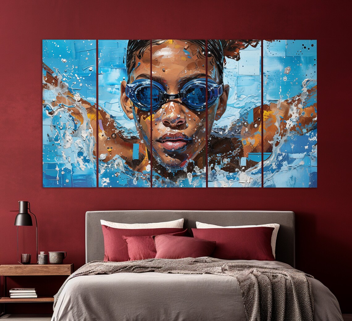 Competitive Swimmer Goggles Splash Colorful Oil Style Sports Poster - Image 2