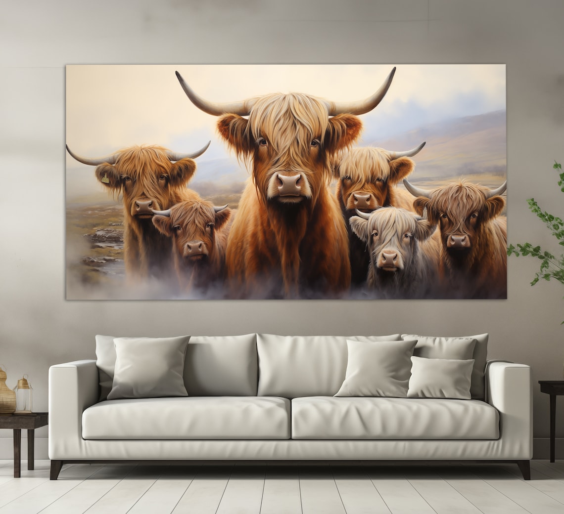 Highland Cows Family, Neutral Painting Style Art Print