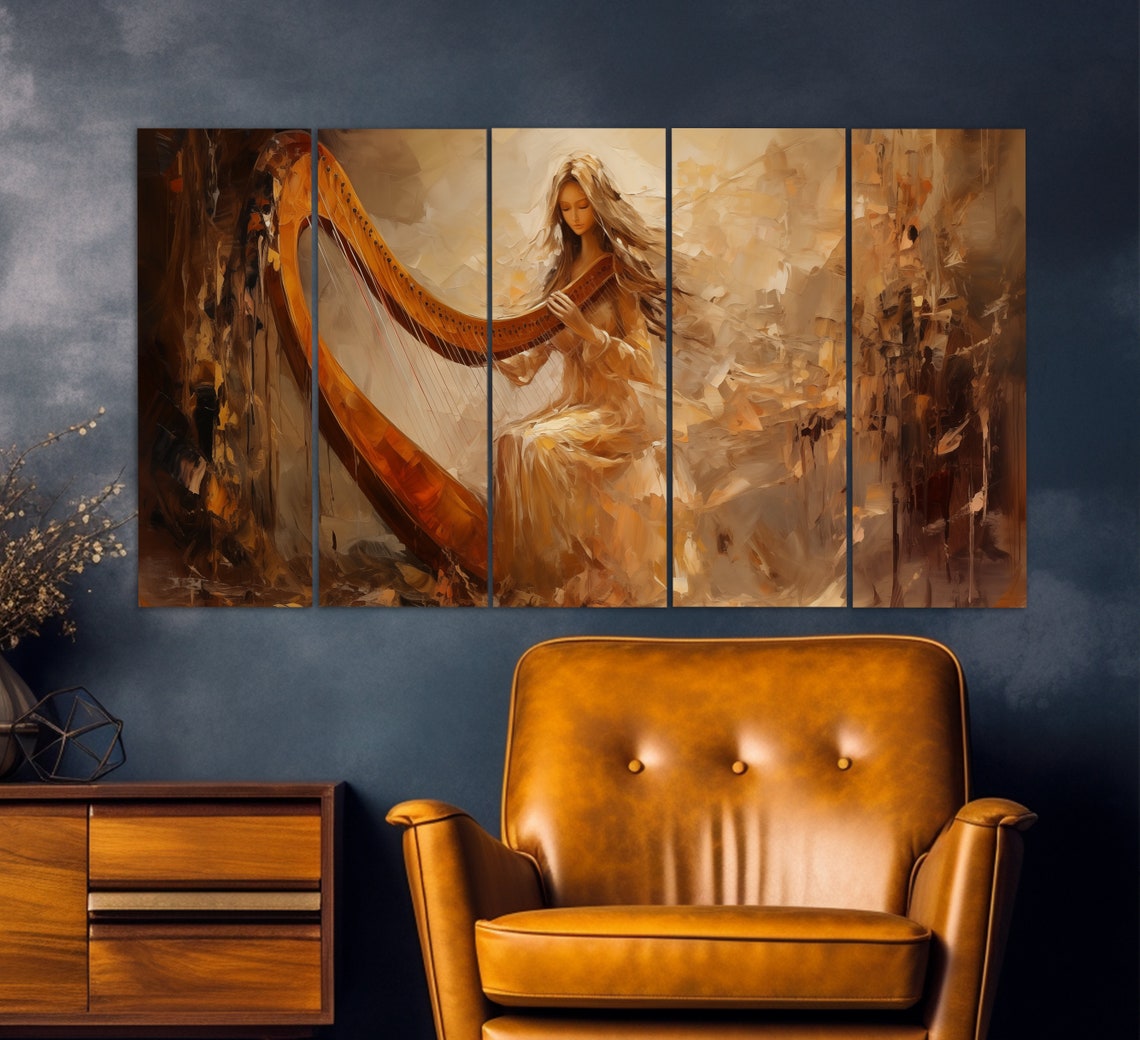 Abstract Harpist Girl Print In Retro Oil Painting Style Harp Painting Harp Teacher Gift Harpist Gift Music School Decor - Image 5