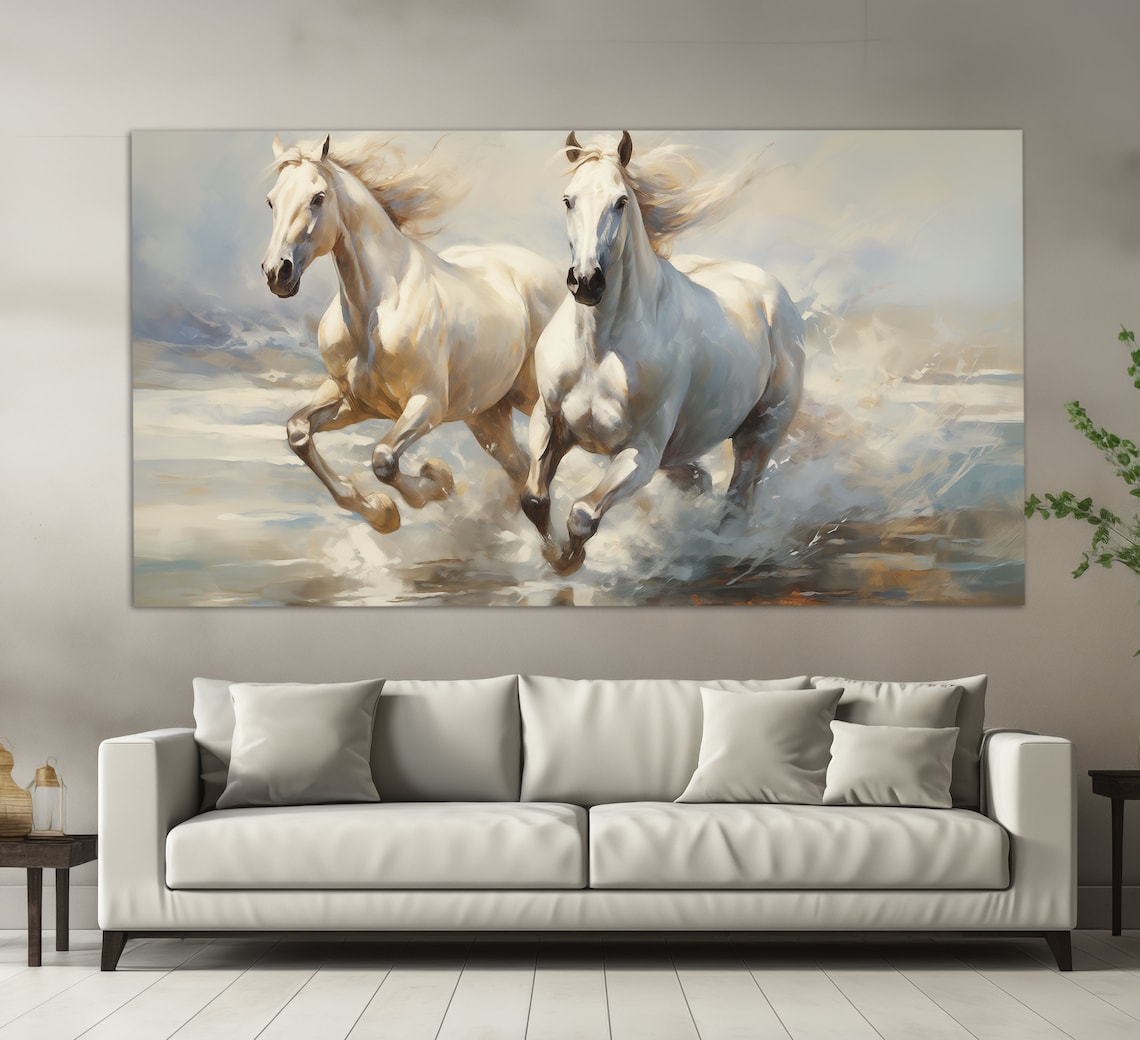 White Horses, Vintage Oil Painting Style Art Print