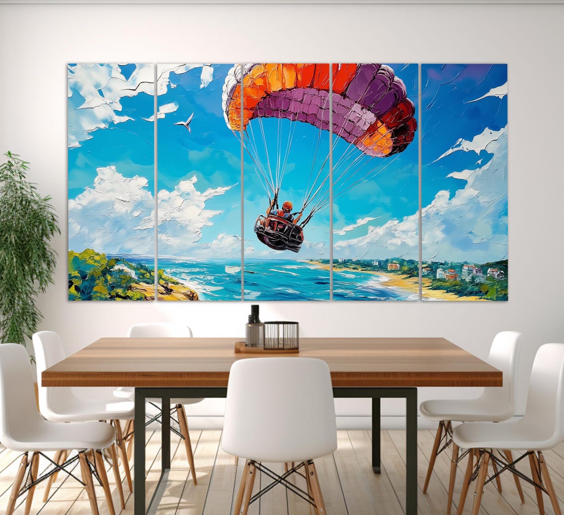 Colorful Paraglider Flying Over Coastal Beach Town Aerial View Poster - Image 2