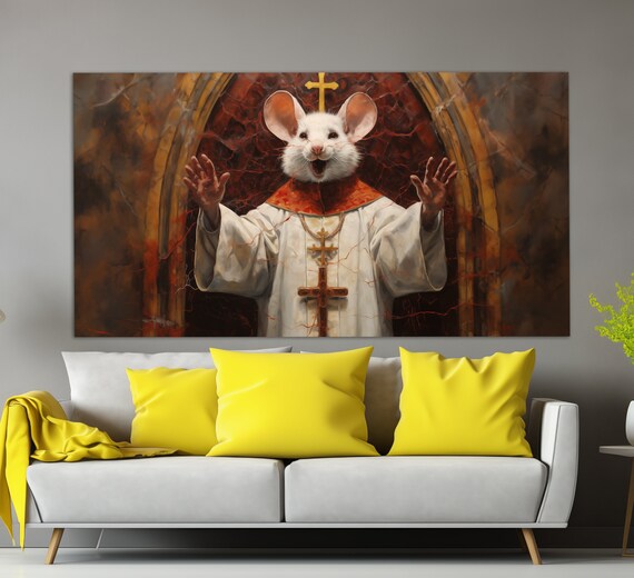 Mouse Priest White Mouse Pope Robe Funny Animal Church Oil Painting Art Print