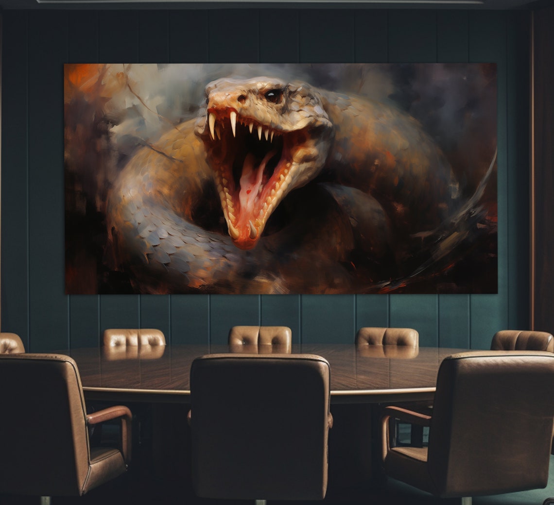 Striking Snake Open Jaws Fangs Dark Moody Oil Painting Wall Art - Image 4