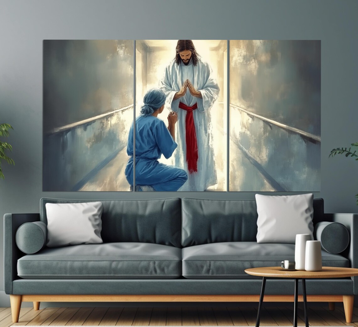 Doctor Praying With Jesus Christ Hospital Hallway Faith Art Poster - Image 3