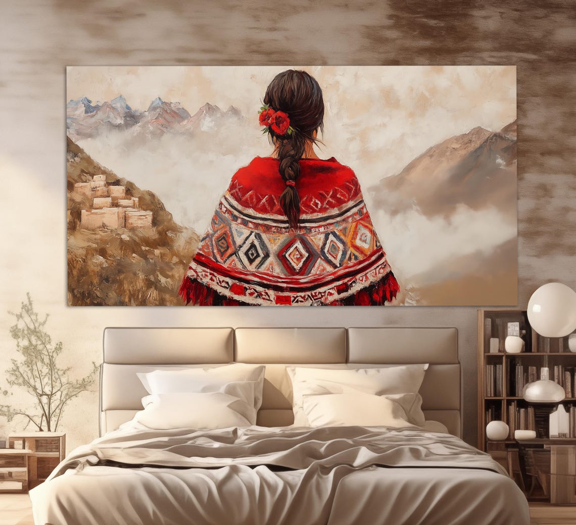 Peruvian Woman In Red Poncho Braid With Roses Overlooking Andes Poster - Image 4
