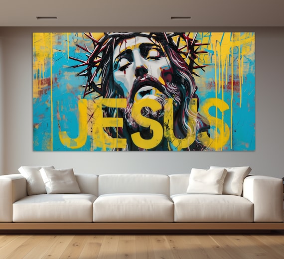 Jesus Christ Crown of Thorns Graffiti Pop Art Blue Yellow Poster