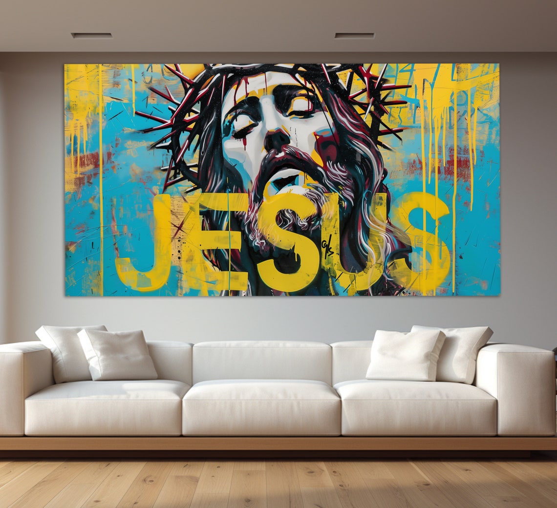 Jesus Christ Crown of Thorns Graffiti Pop Art Blue Yellow Poster