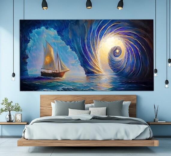 Abstract Sailboat In Surreal Cave Print In An Oil Painting Style Sailing Wall Art Surrealist Sailing Painting Nautical Wall Art
