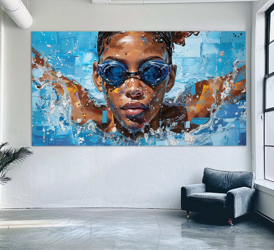 Competitive Swimmer Goggles Splash Colorful Oil Style Sports Poster