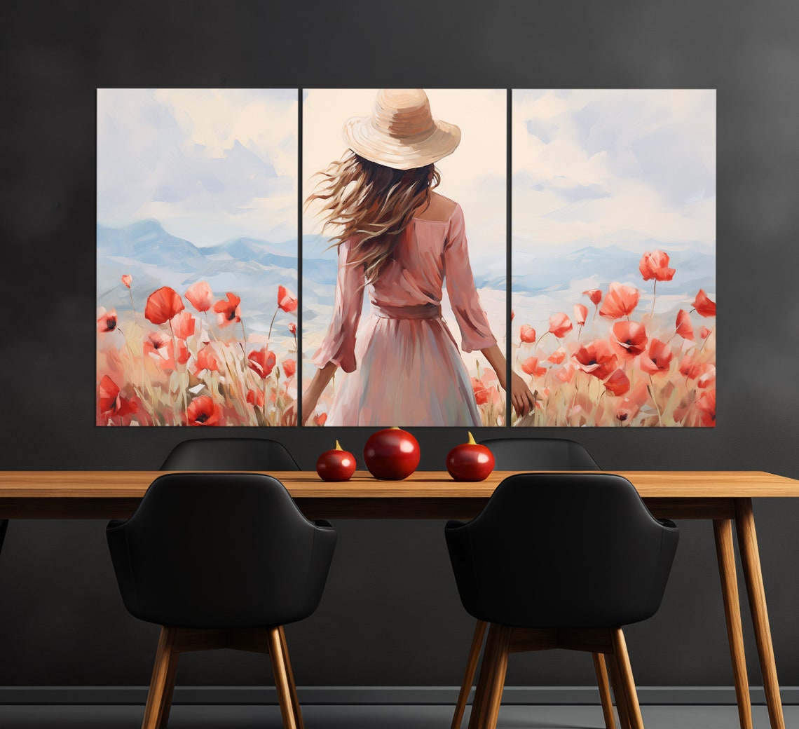 Girl In A Poppy Field Print In A Vintage Oil Painting Style Floral Wall Decor Romantic Wall Art Poppy Field Painting - Image 3