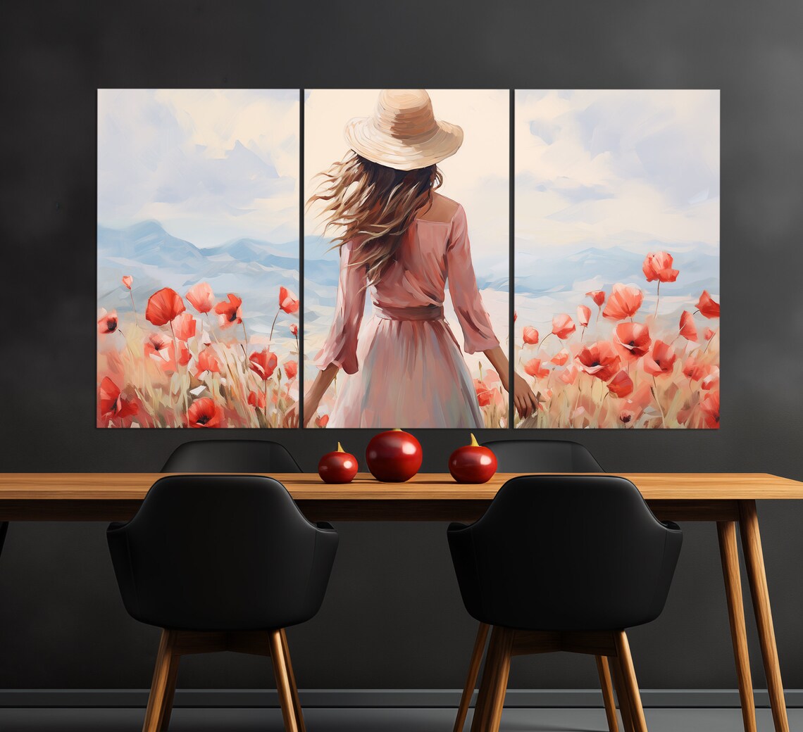 Woman In Poppy Field Straw Hat Dreamy Pink Floral Oil Painting Print - Image 3