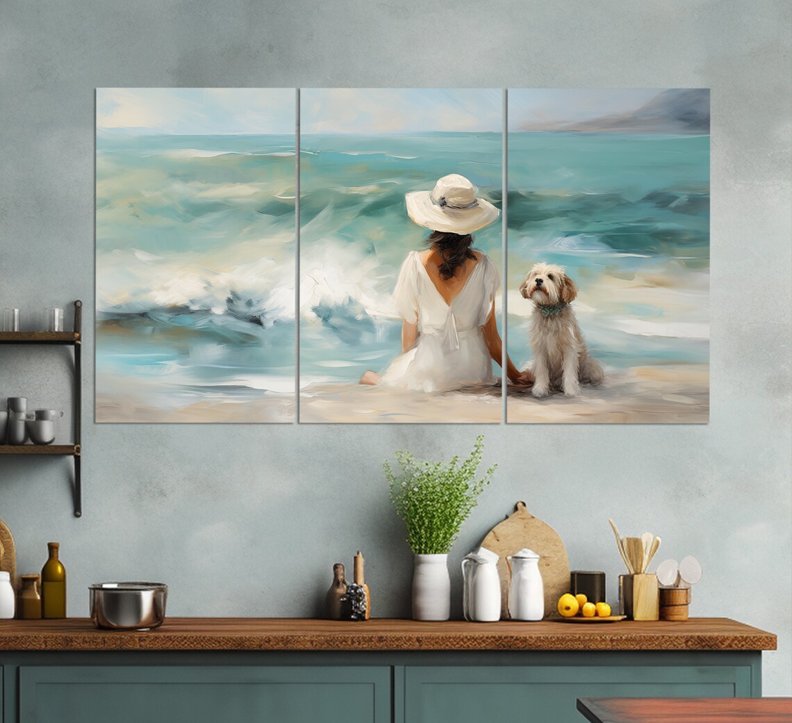 Woman With Dog on the Beach, Vintage Oil Print - Image 6