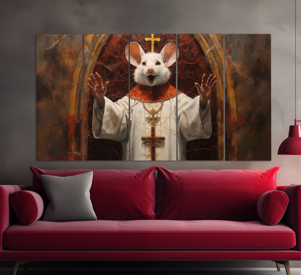 Mouse Priest White Mouse Pope Robe Funny Animal Church Oil Painting Art Print - Image 2