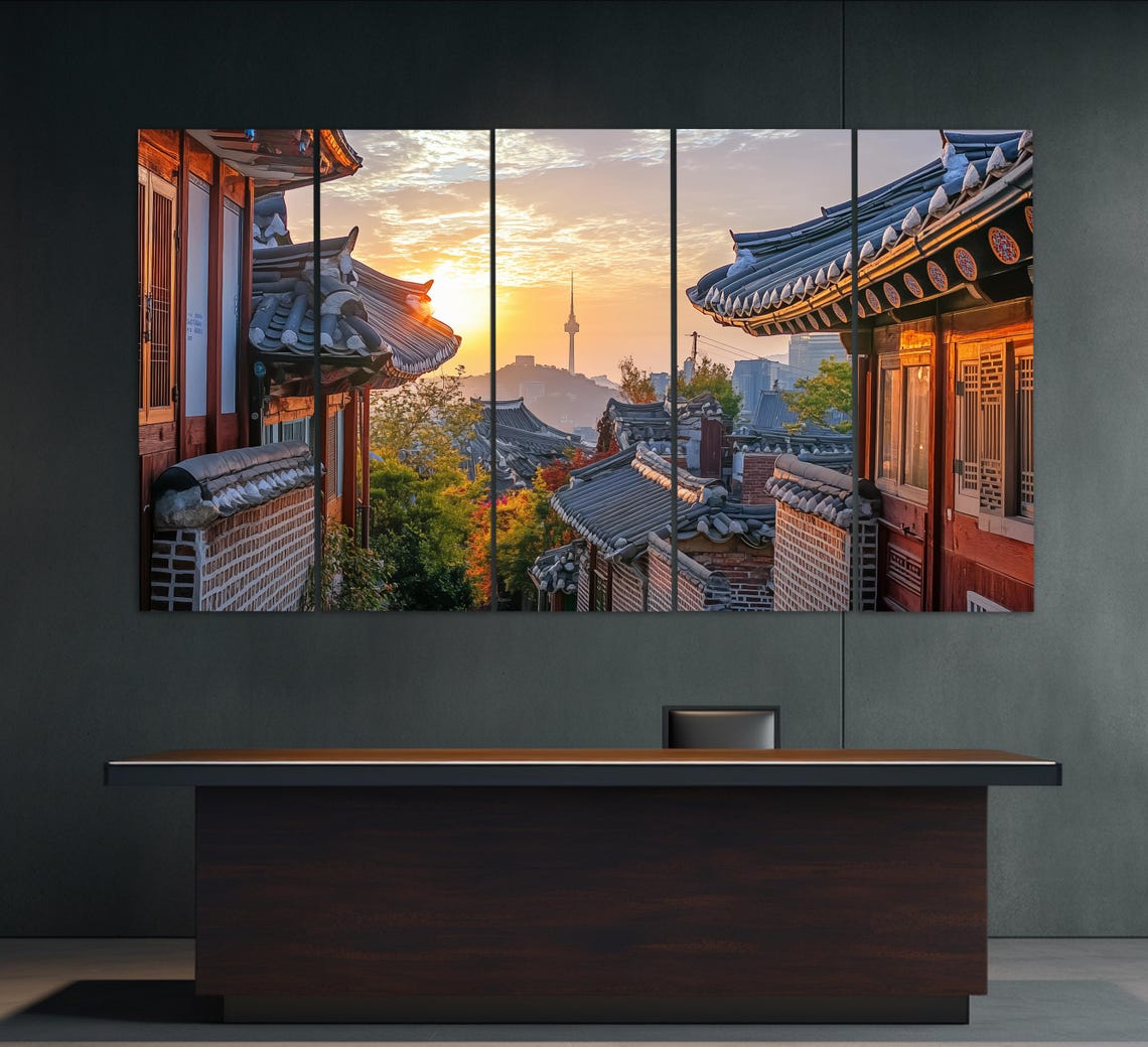Bukchon Hanok Village Print In A Vintage Oil Painting Style South Korea Wall Art South Korea Painting South Korea Print - Image 2
