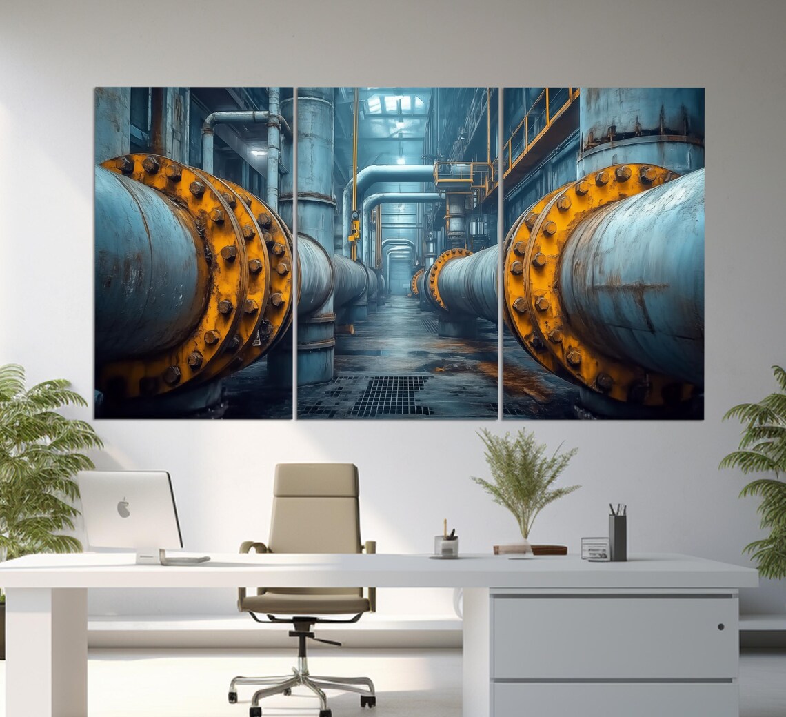 Industrial Factory Interior Blue Steel Pipes Yellow Flanges Wall Art - Image 6