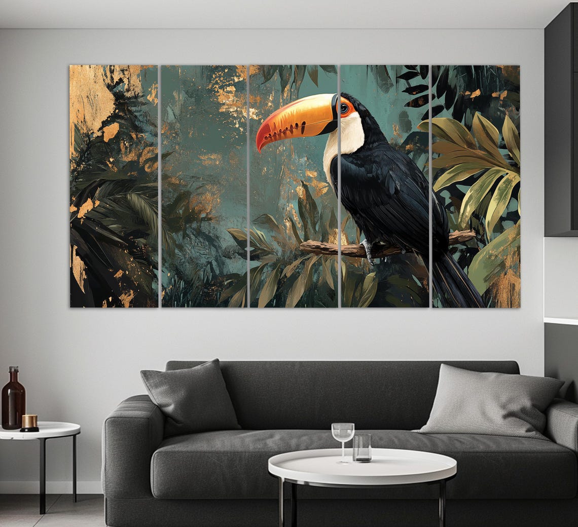 Toco Toucan On Branch In Tropical Jungle With Gold Leaf Accent Poster - Image 5