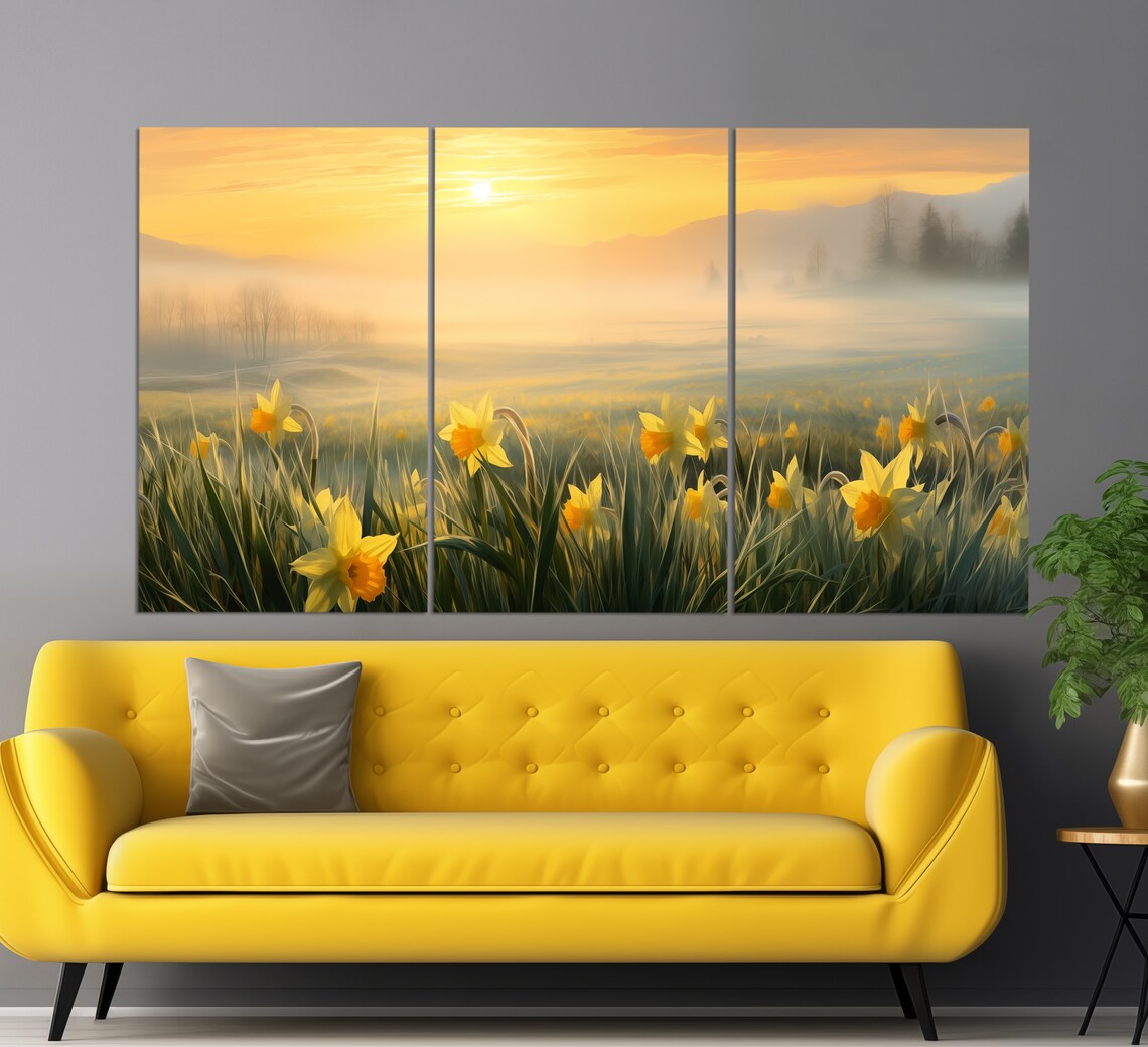Foggy Dawn Over Narcissus Field, Romantic Art Print - Image 5