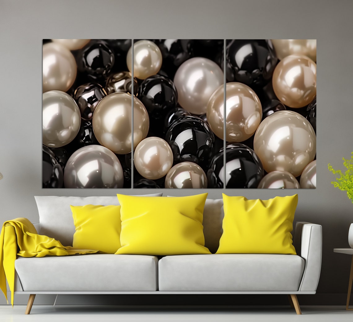 Black White Champagne Pearls Close Up Luxe Abstract Fashion Wall Art - Image 5