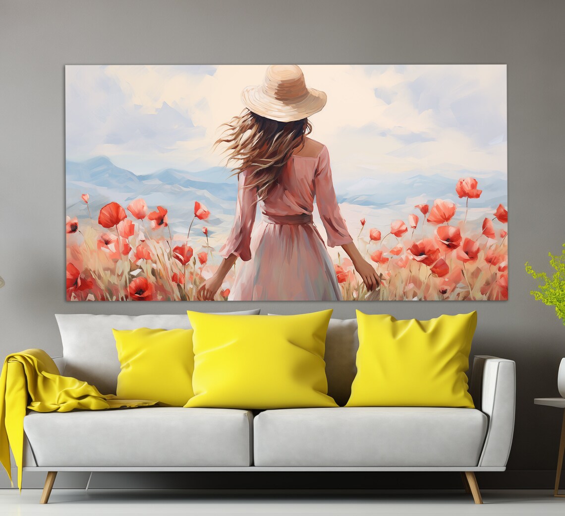 Woman In Poppy Field Straw Hat Dreamy Pink Floral Oil Painting Print - Image 4