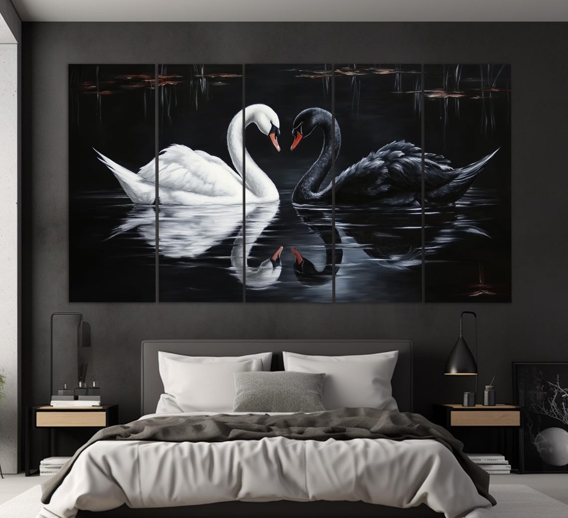 Black And White Swan Couple Heart Shape Dark Water Romantic Art Poster - Image 5