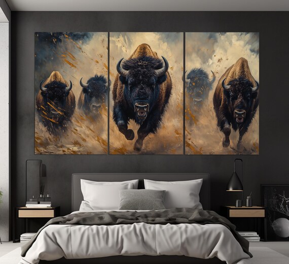 Herd Of Charging Bison Dusty Sepia Triptych Powerful Western Wildlife Poster