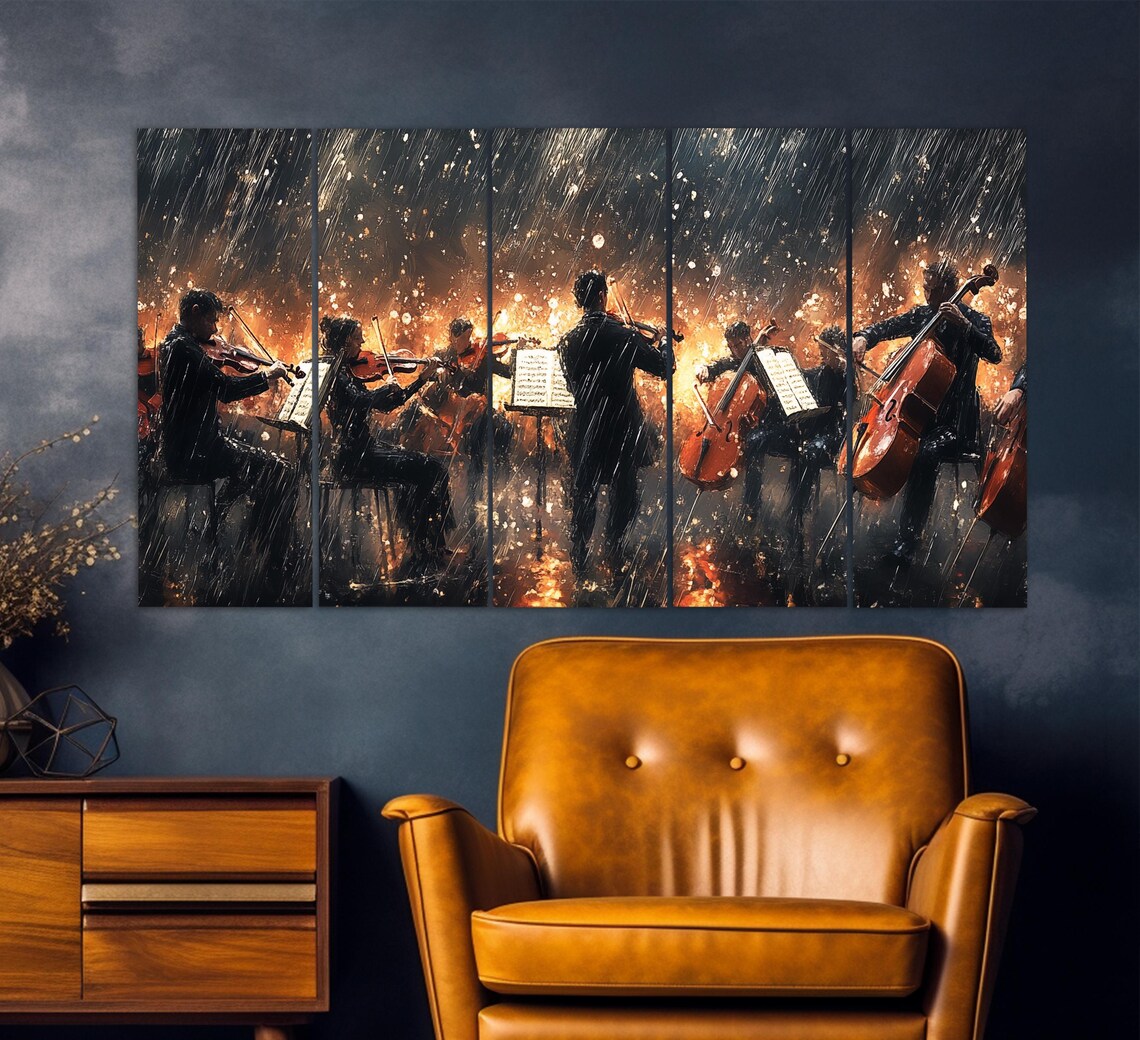 Symphony Orchestra Playing In Rainy Night Glowing Embers Classical Music Poster - Image 5