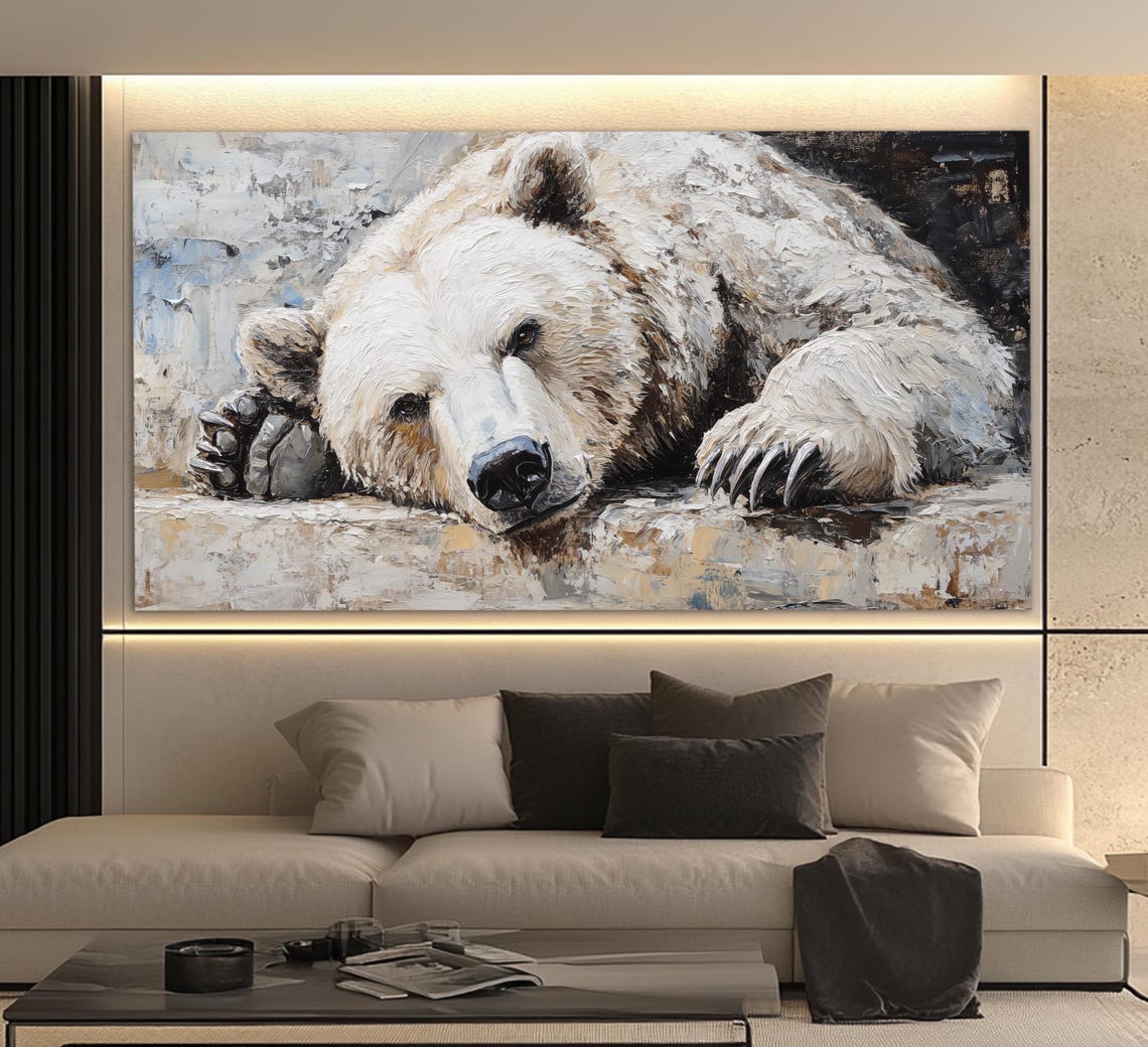 Sleepy Polar Bear Resting Head on Paws White Impasto Art Poster - Image 4