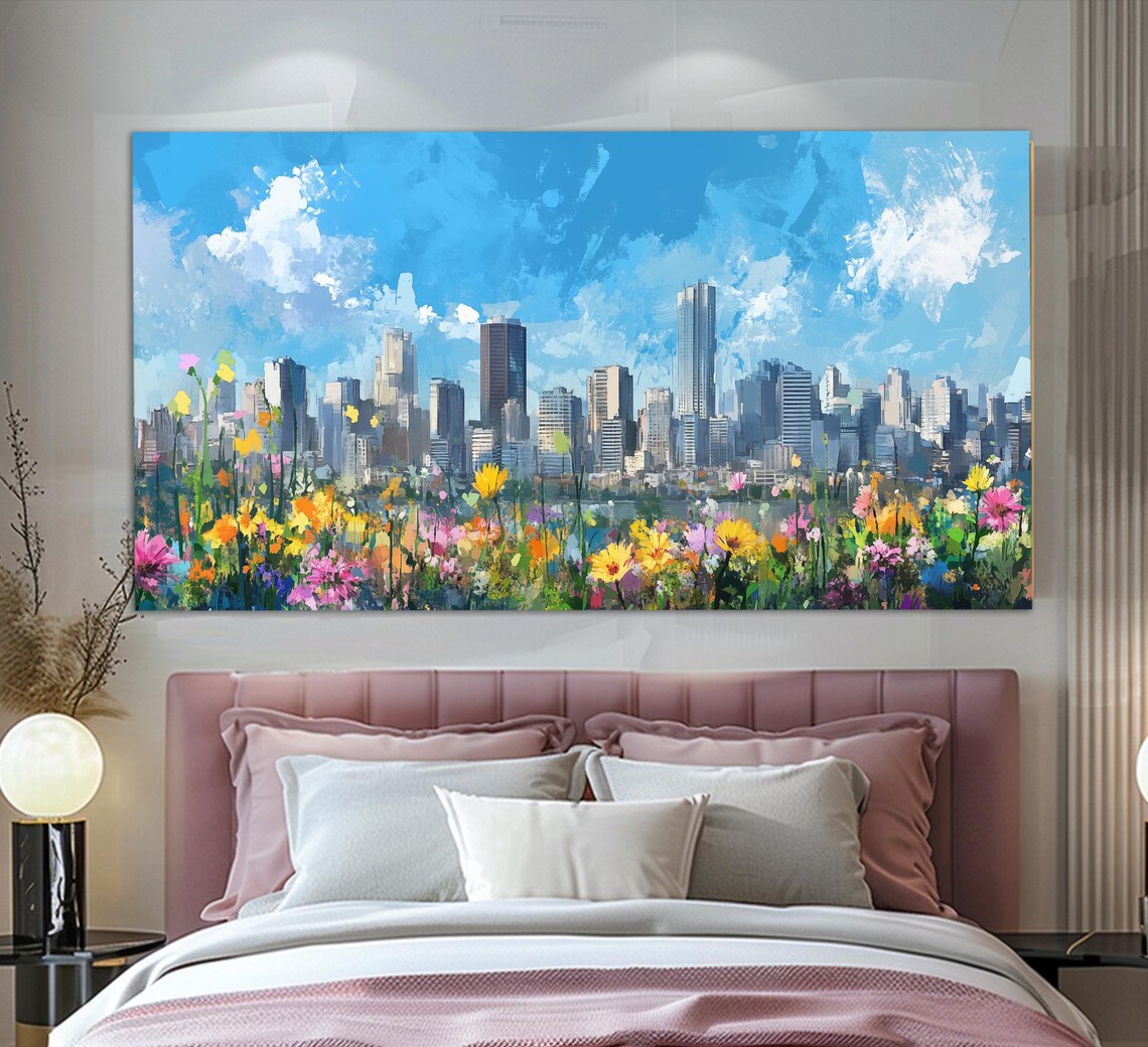 Sao Paulo Skyline Blue Sky Blooming Wildflowers Oil Painting Poster