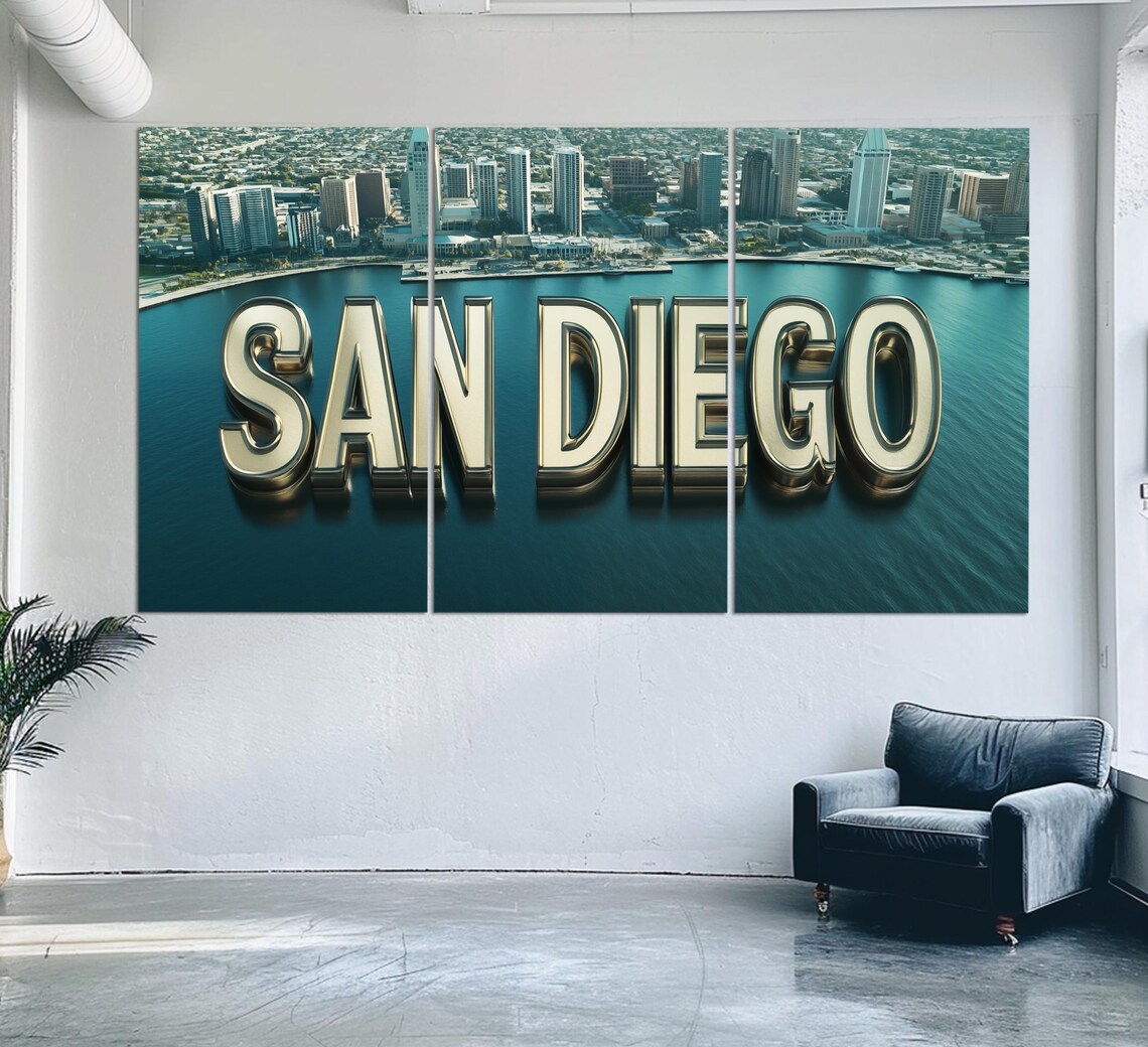 San Diego Skyline Chrome Letters Bay View California Travel Poster - Image 2
