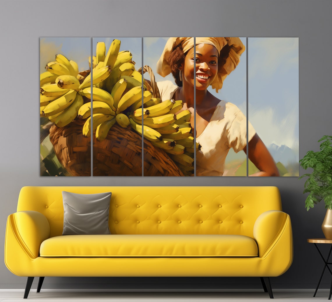 African Lady With A Basket Of Bananas Print In An Oil Painting Style Kitchen Wall Art Ethnic Woman Painting African Wall Decor - Image 5