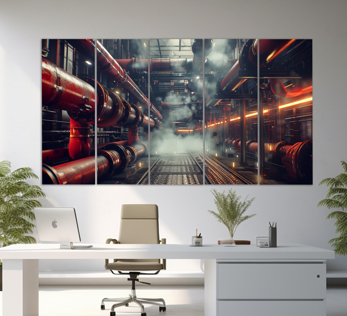Dark Industrial Pipes Corridor Steam Orange Lights Moody Wall Art - Image 5