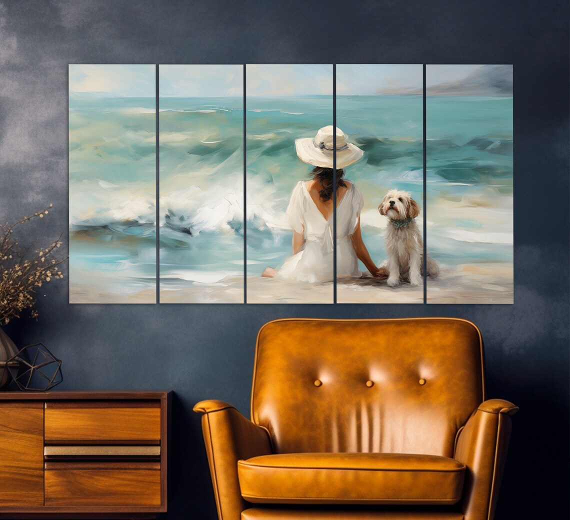 Woman With Dog on the Beach, Vintage Oil Print - Image 5
