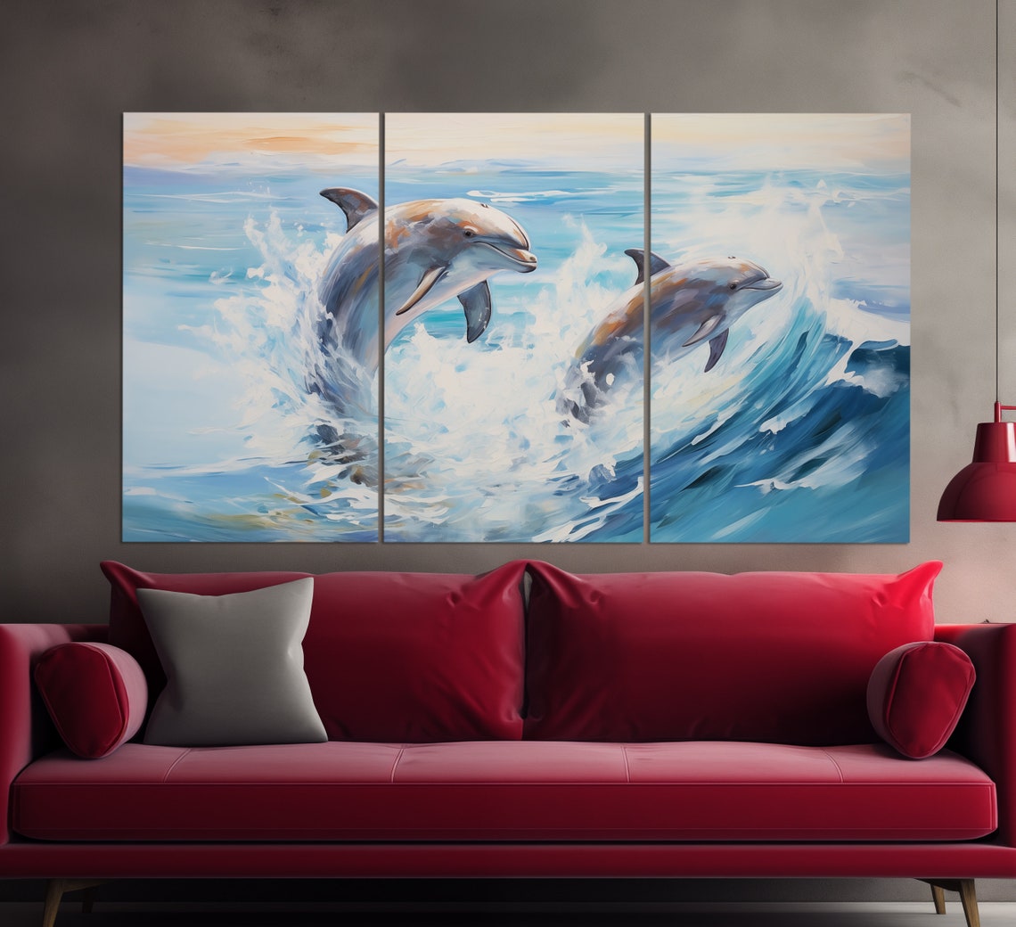 Dolphin Pair Leaping Ocean Waves Sunrise Blue Oil Painting Wall Art - Image 3