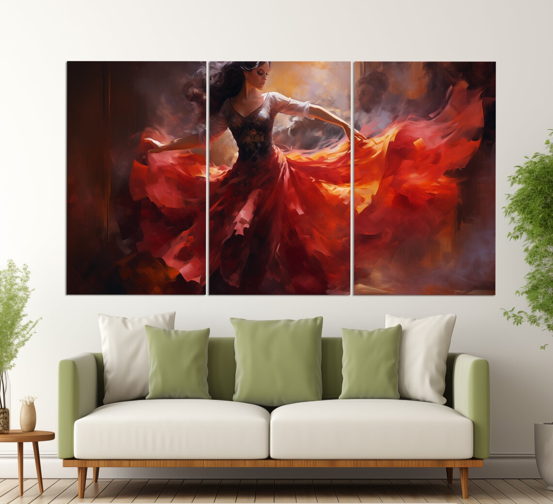 Passionate Flamenco Dancer Red Dress Swirling Skirt Oil Painting Poster - Image 4
