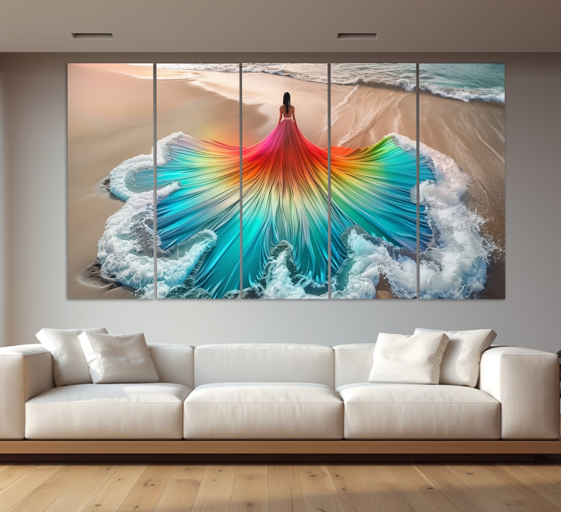 Woman In Rainbow Ocean Wave Gown On Sandy Beach Aerial View Wall Art - Image 5