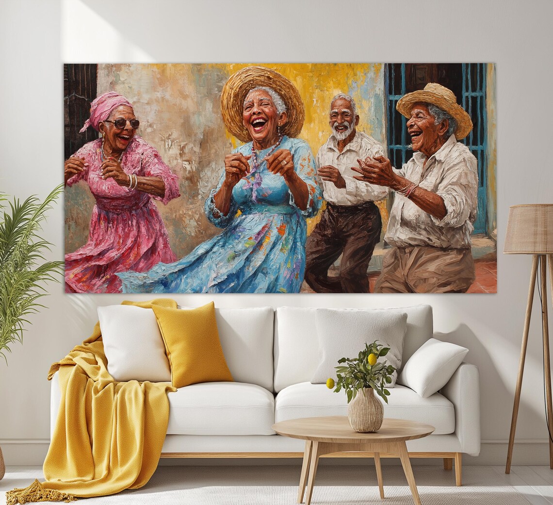 Four Elderly Friends Dancing Joyfully Caribbean Street Party Art Poster - Image 4