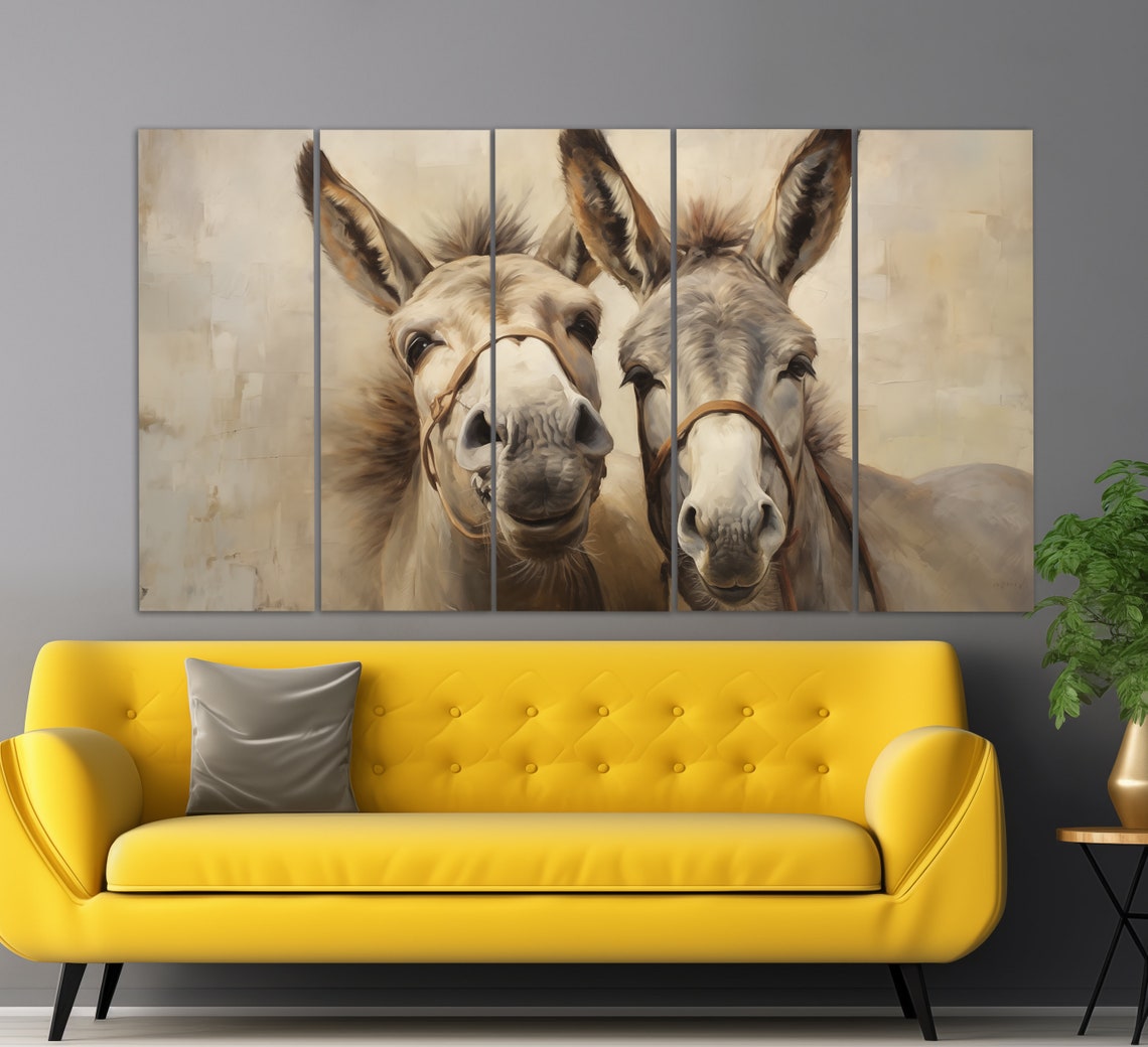 Two Cute Donkeys Close Up Portrait Painting Style Neutral Tones Poster - Image 2