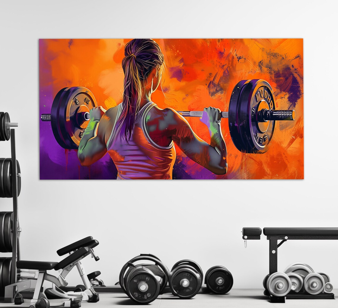 Female Weightlifter Barbell Squat Orange Purple Gym Fitness Poster - Image 4