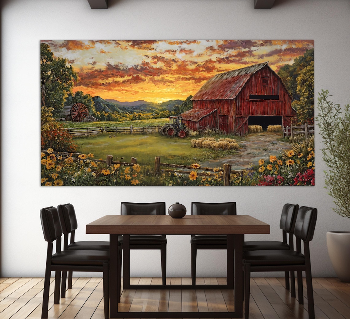 Retro Rural Barn Art Print, Rustic Farmhouse Decor