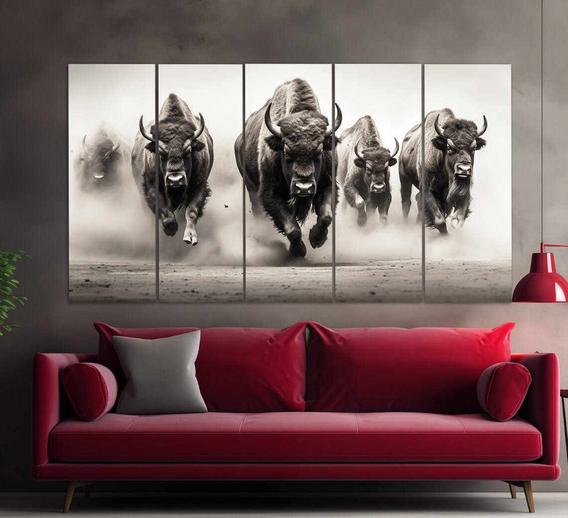 Running Bisons Black and White Animal Art Print - Image 4