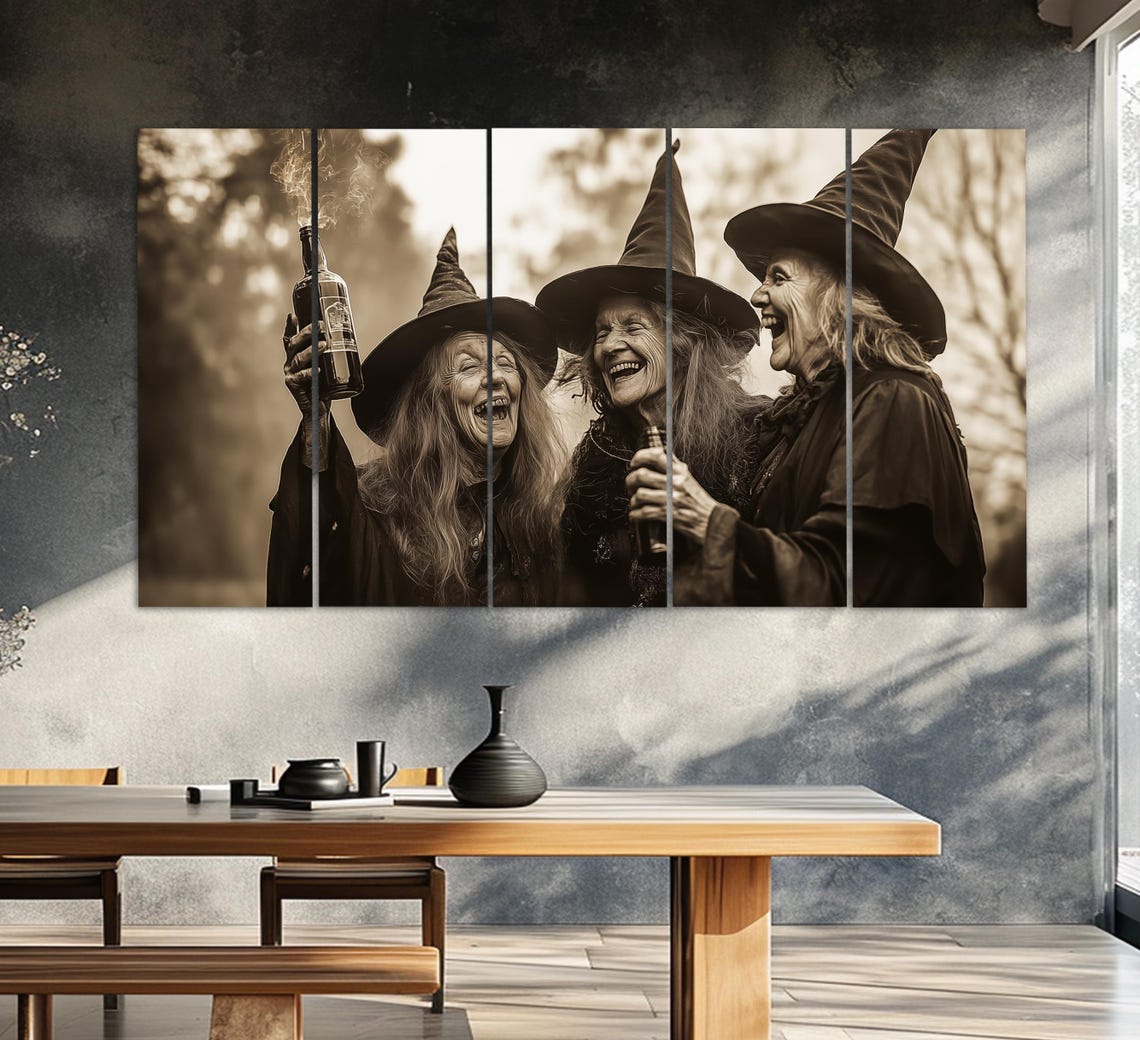 Three Old Witches Laughing Vintage Sepia Photo Style Gothic Wall Art - Image 5
