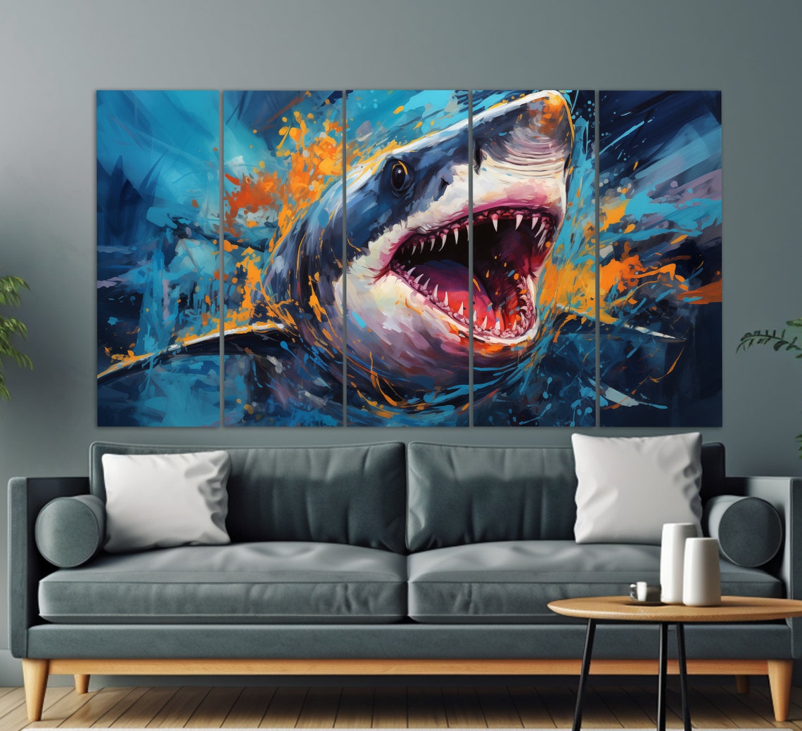 Angry Shark Open Jaws Underwater Ocean Blue Abstract Art Poster - Image 2