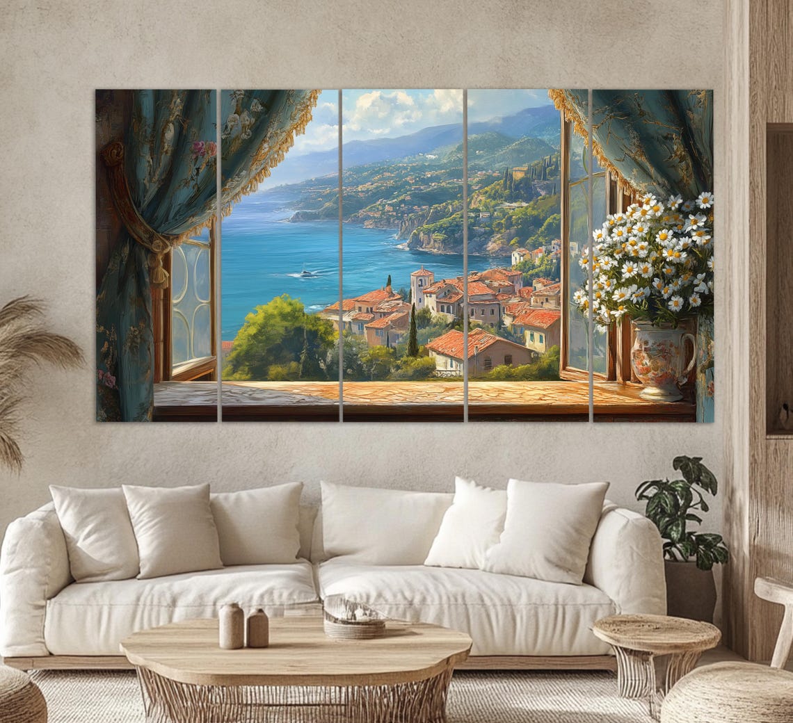 Italian Coastal Village View From Open Window With Daisies Wall Art - Image 2