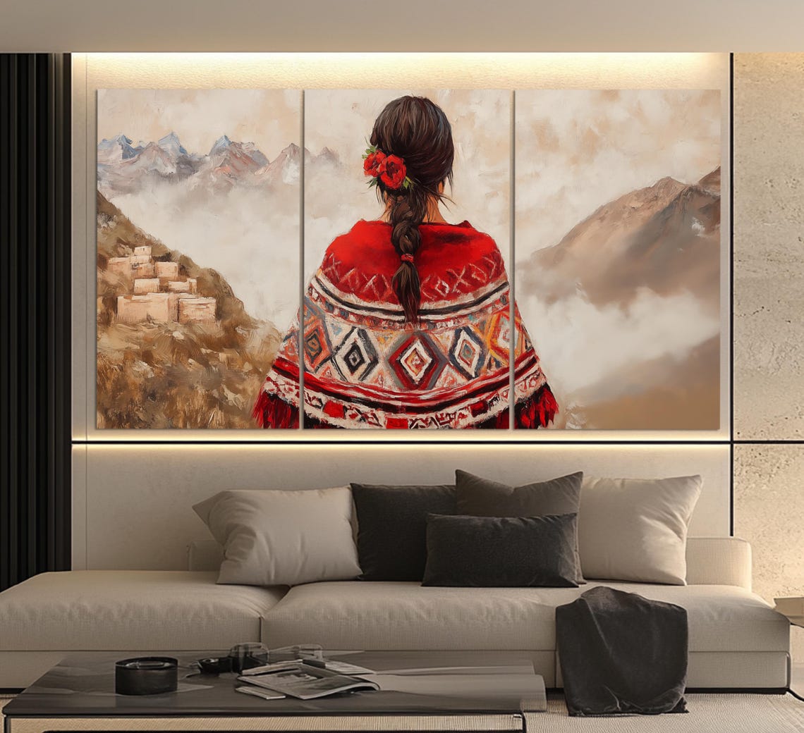 Peruvian Woman In Red Poncho Braid With Roses Overlooking Andes Poster - Image 3