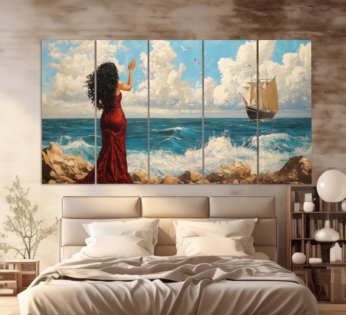 Woman in Red Dress Waving to Sailing Ship Romantic Seascape Poster - Image 2